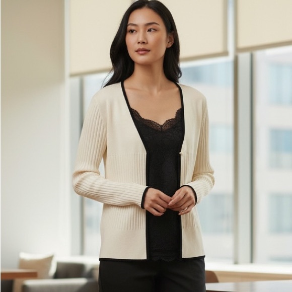 Misook Ribbed 1 Button Ivory Knit Black Trim Cardigan Sweater Jacket SZ M - Picture 5 of 5